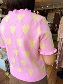 Clodagh Heart & Diamond Print Knit Ruffle Cardi - Pink
