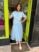 Clodagh Heart & Diamond Print Knit Ruffle Cardi - Blue