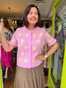 Clodagh Heart & Diamond Print Knit Ruffle Cardi - Pink