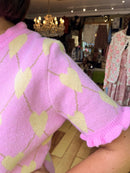 Clodagh Heart & Diamond Print Knit Ruffle Cardi - Pink