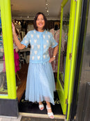 Clodagh Heart & Diamond Print Knit Ruffle Cardi - Blue