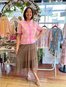 Clodagh Heart & Diamond Print Knit Ruffle Cardi - Pink