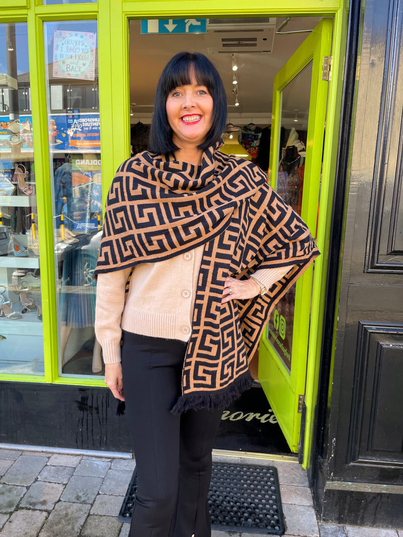 Vienna Printed Shawl - Camel & Black