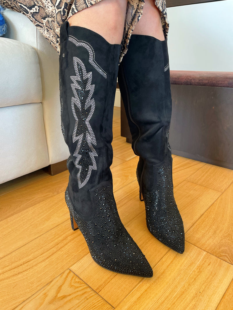 Una Healy Crystal Cowboy Knee High Boot - Black Vinyl All I Want