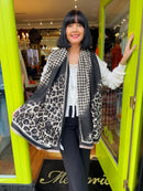 Layla Reversible Leopard & Houndstooth Shawl - Black & Cream