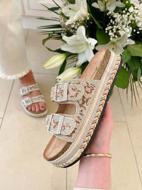 LA Beige Jewelled Platform Slider - B0039570