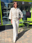 Demi Bow Tie Embroidered Crochet Cardi - Cream