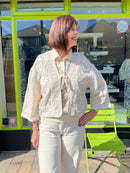 Demi Bow Tie Embroidered Crochet Cardi - Cream