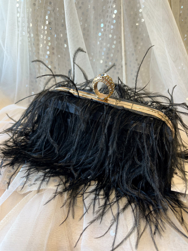 Sloane Feather Clutch With Ring Handle - Black