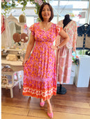 Ines Orange & Pink Floral Print Dress
