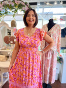 Ines Orange & Pink Floral Print Dress