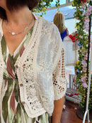 *PRE ORDER* Lacy Pearl Crochet Knit Cape Cardi  - Cream