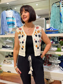 Emerson Crochet Button Cardi - Cream, Rust & Black