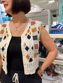 Emerson Crochet Button Cardi - Cream, Rust & Black
