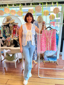 Tatum Bow Tie Crochet Vest - Blue & Cream