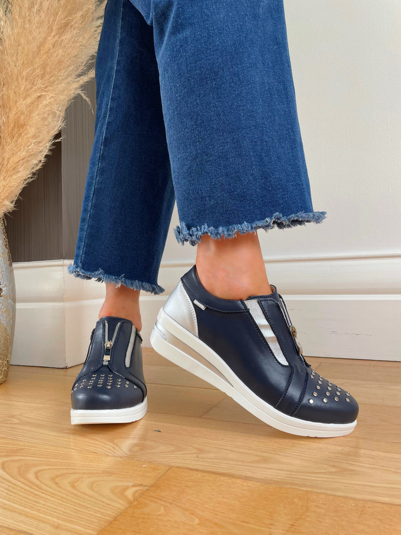 Redz Leather Wedge Trainers Navy CX3423-1