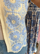 Tatum Bow Tie Crochet Vest - Blue & Cream