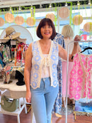 Tatum Bow Tie Crochet Vest - Blue & Cream