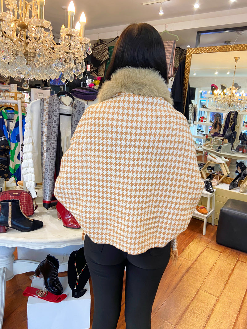 Yalena Houndstooth Cape Shawl - Camel