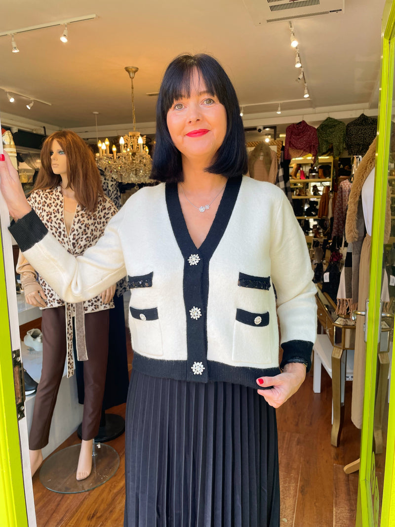 Meredith Diamanté Button & Two Tone Cardi - Cream