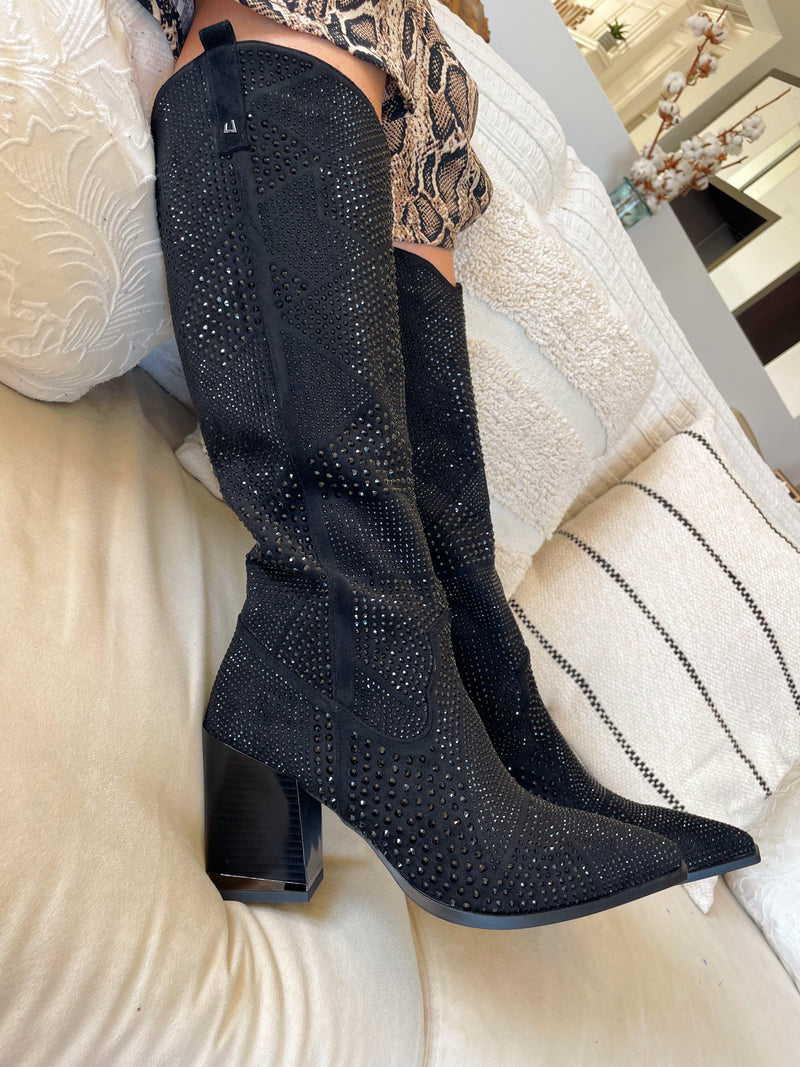 Una Healy Crystal Knee High Boot - Black Vinyl Young & Beautiful