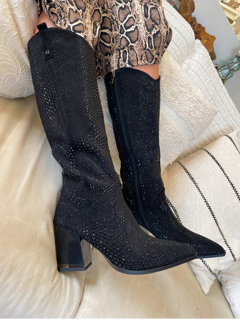 Una Healy Crystal Knee High Boot - Black Vinyl Young & Beautiful