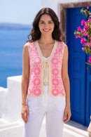 Tatum Bow Tie Crochet Vest - Pink & Cream