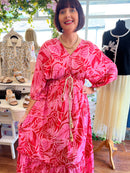 Vesper Printed Midi Dress - Red & Pink