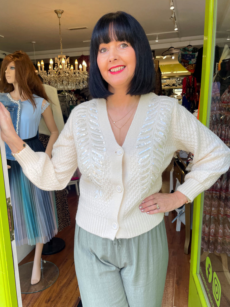 Dixie Sequin & Bead Leaf Textured Cardi - Cream