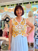 Finley Crochet Knitted Vest - Cream, Blue & Yellow