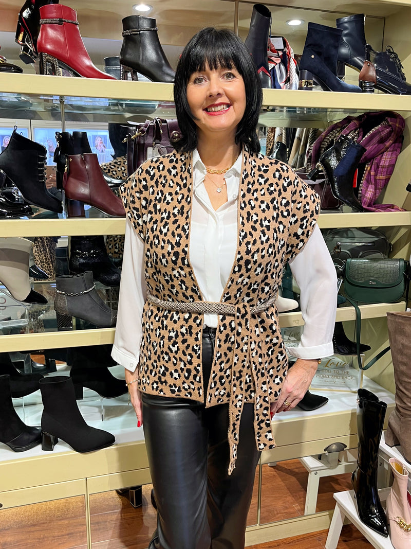 Barb Leopard Knit Belted Gilet - Camel