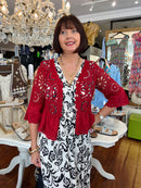 Laurena Crochet Peplum Cardi - Ruby