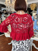 Laurena Crochet Peplum Cardi - Ruby