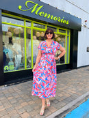 Darla Floral & Gold Print Dress - Blue, Pink & Coral