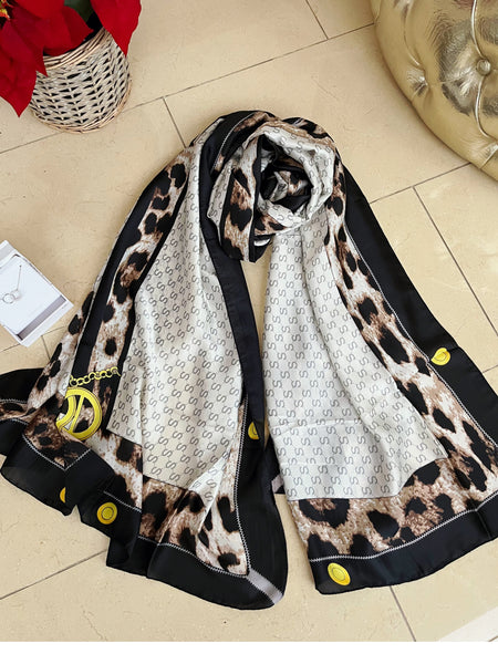 Sieve Leopard Trim Silk Feel Scarf