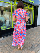 Darla Floral & Gold Print Dress - Blue, Pink & Coral