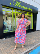 Darla Floral & Gold Print Dress - Blue, Pink & Coral