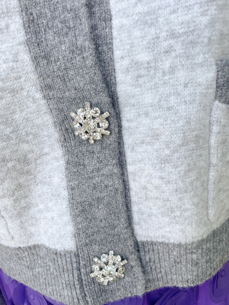 Meredith Diamanté Button & Two Tone Cardi - Grey