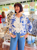 Amira Gold Trim Bomber Jacket - Flower Print Royal Blue