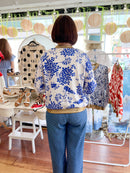 Amira Gold Trim Bomber Jacket - Flower Print Royal Blue