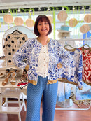 Amira Paisley Print Gold Trim Bomber Jacket - Blue