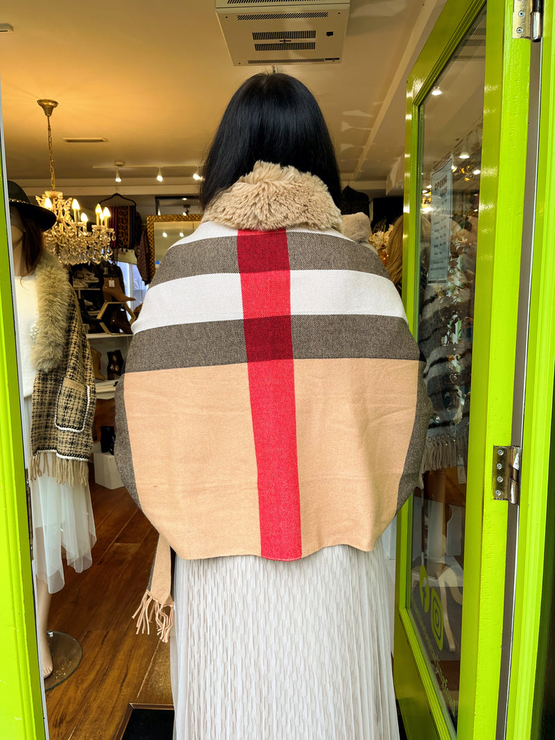 Uma Tartan Cape Shawl - Camel