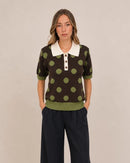 Hazel Polka Dot Collar Jumper - Brown With Olive Green Spots