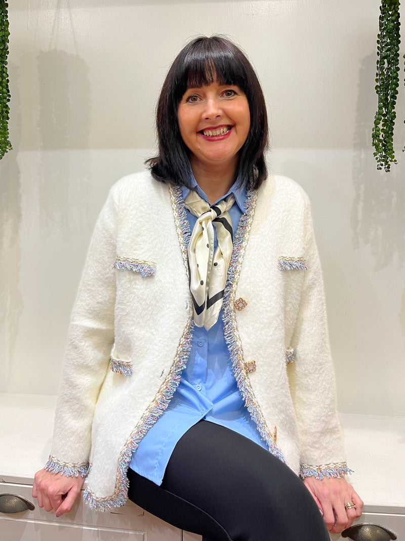 Nika Tweed Fringe Enamel Button Knitted Jacket - Cream