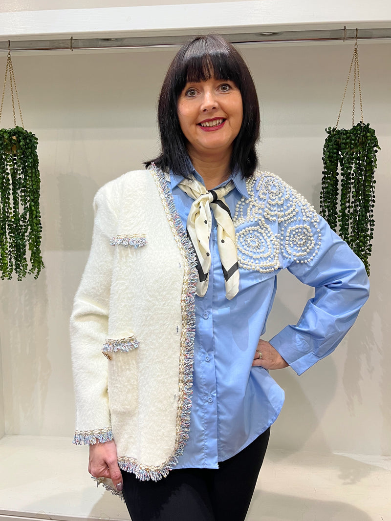 Nika Tweed Fringe Enamel Button Knitted Jacket - Cream