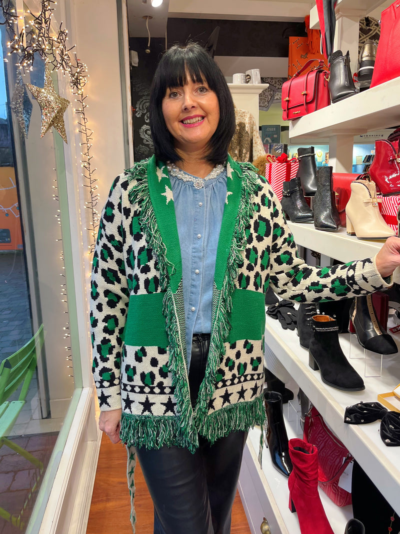 Remi Leopard & Star Fringe Belted Cardi - Electric Green