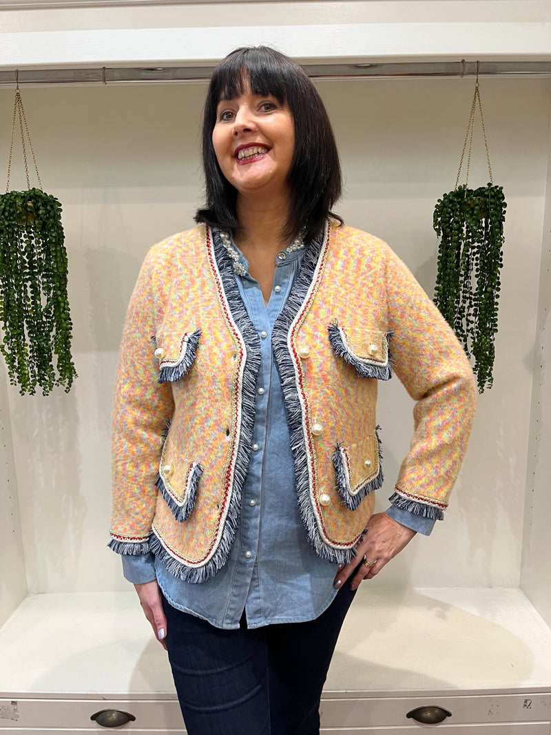 Kendal Fringe & Pearl Knitted Jacket - Sunset Rainbow