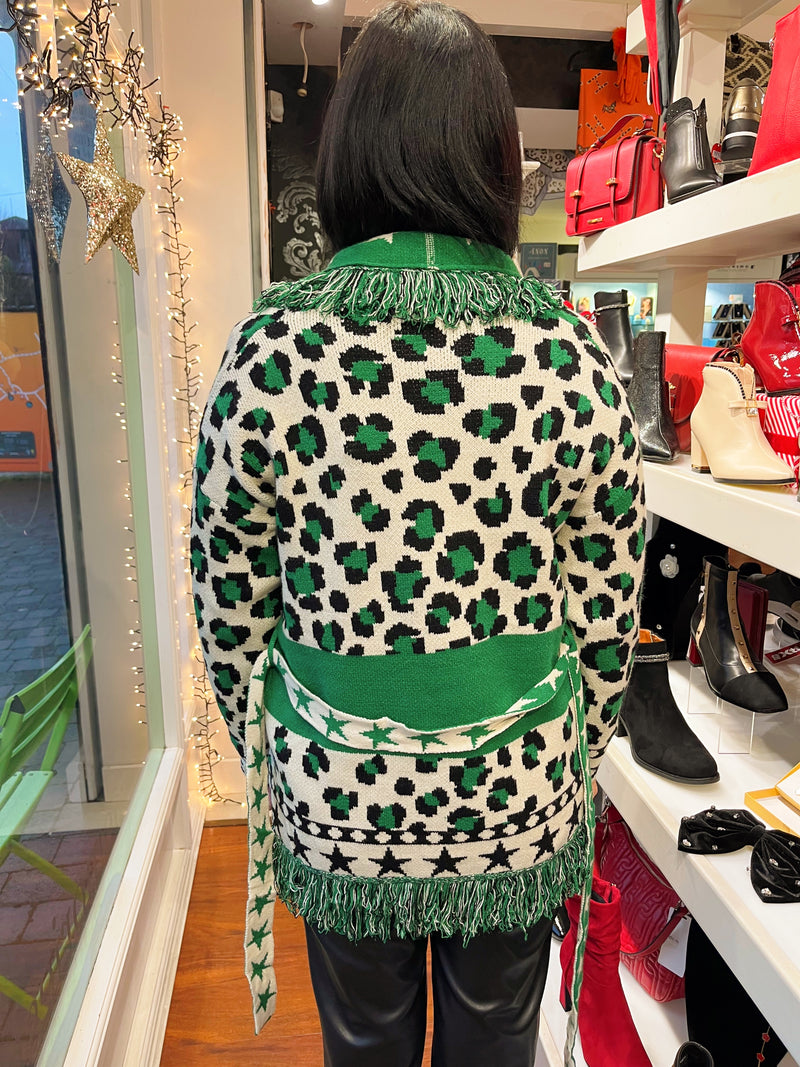 Remi Leopard & Star Fringe Belted Cardi - Electric Green