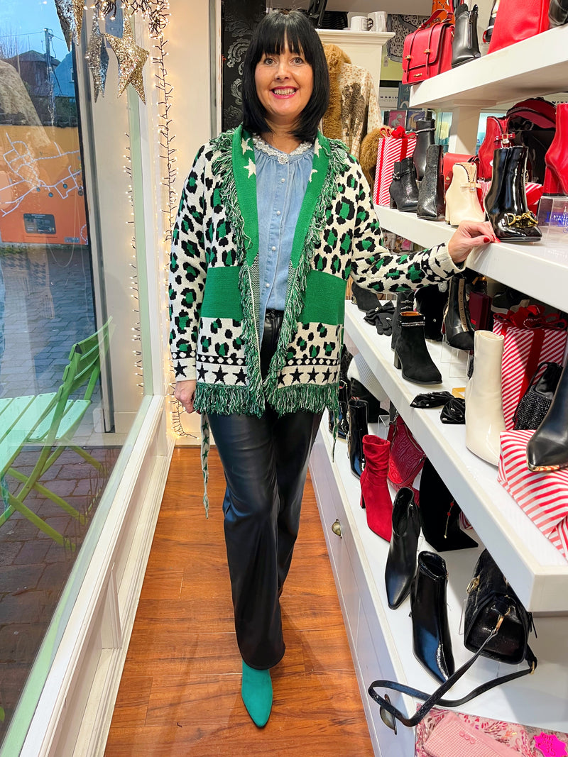 Remi Leopard & Star Fringe Belted Cardi - Electric Green