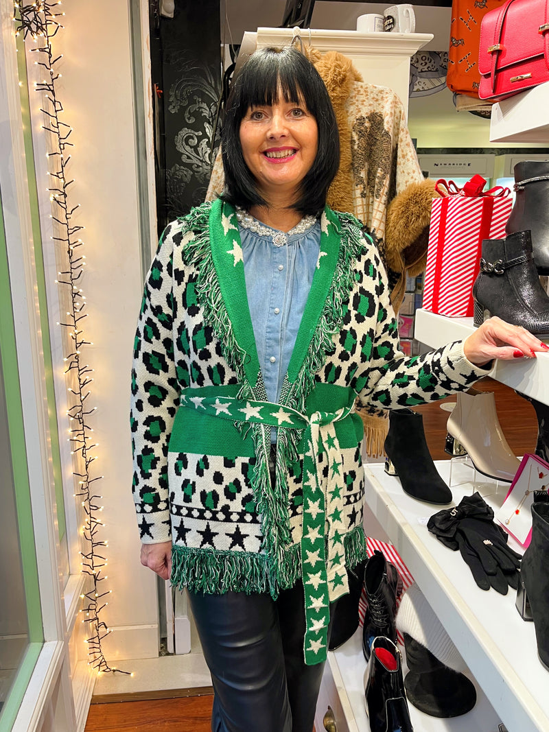 Remi Leopard & Star Fringe Belted Cardi - Electric Green